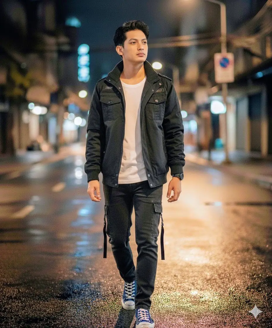 Prompt : . . . A young man walking alone on a quiet city street at night, surrounded by blurred city lights and a softly glowing atmosphere. He has short dark hair and a calm, thoughtful expression, looking slightly upward as he walks. He wears a stylish oversized denim vest layered over a patterned short-sleeve shirt with black and white graphic prints. A small black crossbody bag is slung diagonally across his chest. He also wears light blue jeans and dark blue high-top sneakers with white soles. The lighting is soft and cinematic, with warm tones from the streetlights reflecting off the pavement. The background is slightly out of focus, showing bokeh lights, street signs, and urban details that create a dreamy nighttime city mood. The overall composition captures a peaceful and cinematic feeling — a young man strolling through the quiet city night, surrounded by the warm glow of the city. Highly realistic, detailed textures, natural skin tone, smooth lighting, and soft depth of field. #gemini #ai #prompt #streetwear #fyppppppppppppppppppppppp 