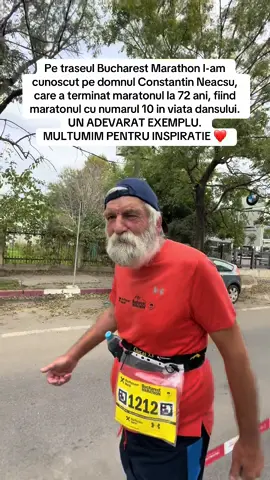 Pe traseul Bucharest Marathon l-am cunoscut pe domnul Constantin Neacsu, care a terminat maratonul la 72 ani, fiind maratonul cu numarul 10 in viata dansului. UN ADEVARAT EXEMPLU. MULTUMIM PENTRU INSPIRATIE ❤️ @#RunInBucharest #alergare #Running #maraton #inspiratie 