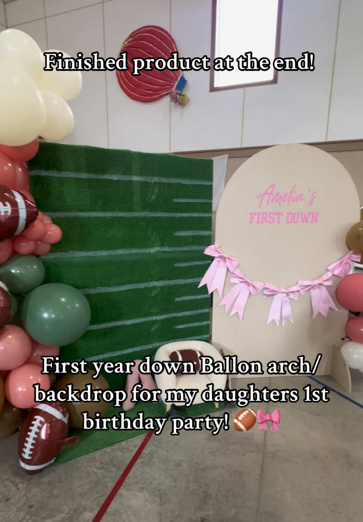 First year down birthday party!! I’m in LOVE 🏈🎀 (Just now getting around to posting 🤦🏼‍♀️ yes I ordered the wrong color pink balloons) #ballon #ballonarch #1stbirthday #football #fyp 
