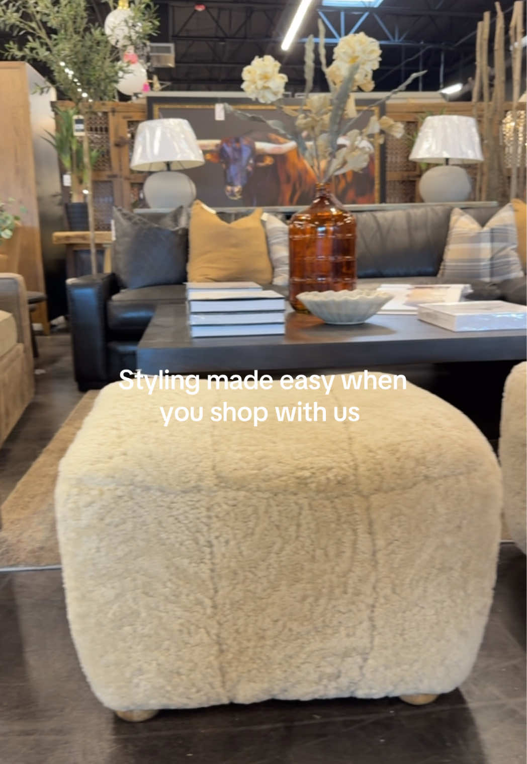 Buy right off the floor. Take home same day. Quick local delivery. Shipping nationwide. New arrivals shared in real time over on our Instagram (same handle) #Home #furniture #interiordesign #potatobarn #livingroom • Top grain leather sofa chaise , top grain leather and cowhide swivel chairs , large square wood coffee table , coffee table books , shearling ottomans • for $ DM or Call ☎️ 480.745.3240