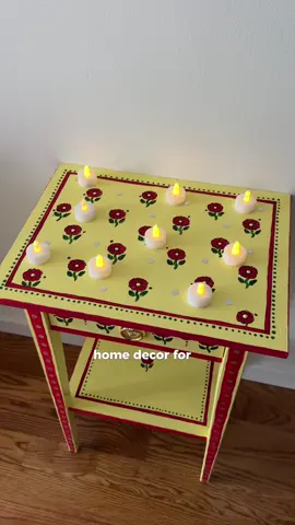 Day 1 of 5 for Diwali inspired home decor that can live on all year round!!! 💛🪔🌺 This one is an upcycled side table using all materials from @The Home Depot!  I have been looking for SO LONG for a Desi inspired furniture pieces and truly couldn’t find anything so I did it myself!!! And the results are even better than I could imagine ✨  Here’s how you can do it too 👇🏽 1. Use an old side table or thrift one!  2. Clean the surface 3. Add primer to the black table  4. Paint the first coat white (because the original color is black) 5. Paint the side table two coats of yellow  6. Add the block print outline  7. Paint the block print  8. Trace the block print with a black marker  9. Add a semi gloss top coat  10. Decorate with mirrors and a new handle!! ❤️ This does take the entire day but it’s truly so worth it :)  #upcycle #Diwali #howto #DIY #diydrawers  