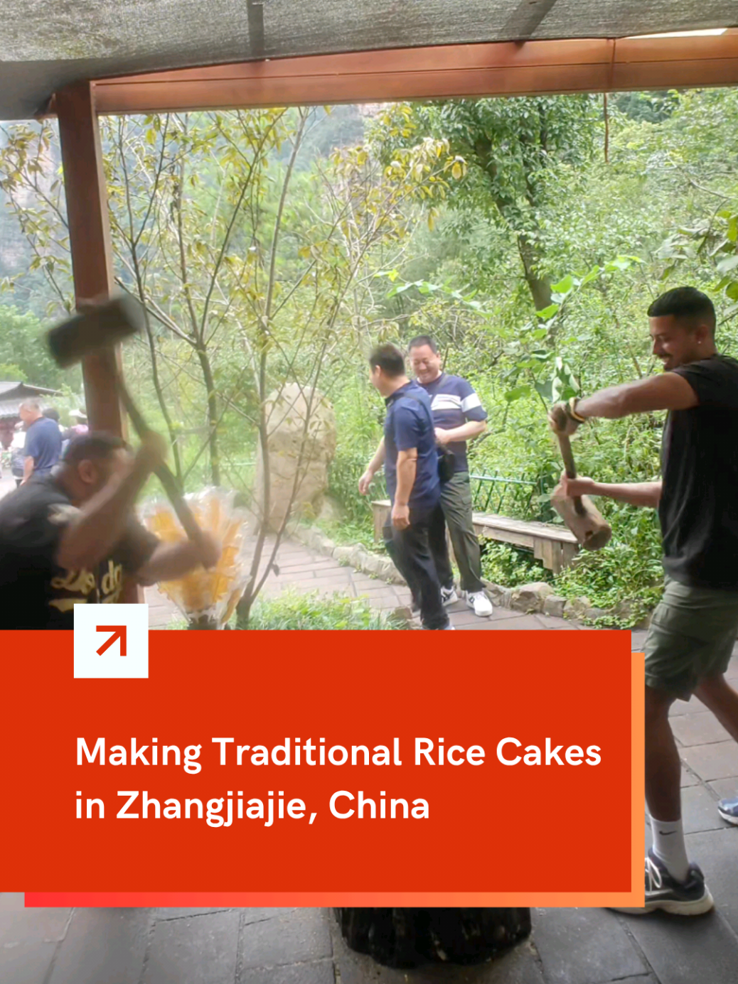 This is how you release #stress in #Zhangjiajie! 😂 International visitors try traditional Ciba (rice cake) making in the #mountains! 🍡