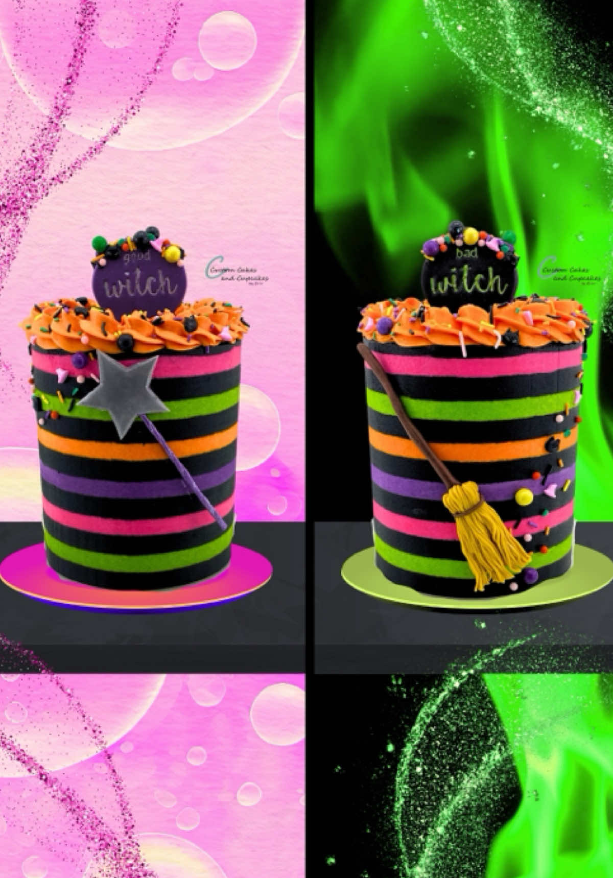 🫧 Are you a good witch or a bad witch? 🧹  Tutorial video for this 2-sided cake is on my @YouTube channel!  @Sweets & Treats | Baking Decor  @Chefmaster  @Estercakesofficial  @Evil Cake Genius  @Wilton Cakes  #wicked #cake #halloween 