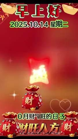 #今天是10月14日，农历八月二十三，10月财气最旺的日子！祝你一早财门开，四方财富涌进来！上午钞票堆成山，中午金额往上窜，下午金浪响当当，夜晚金库闪金光。愿你日子红火挡不住，财富光芒照八方！早安！
