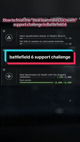 How to finish the bugged “Heal teammates for health” support challenge in battlefield 6 👍 This is my first tutorial video so lmk how i did ! if you have any suggestions or any other questions lmk! Much luv yall:) stay good. smooches 🤞🙂‍↕️ #battlefield6 #bf6 #battlefield #fyp #fpsgames  