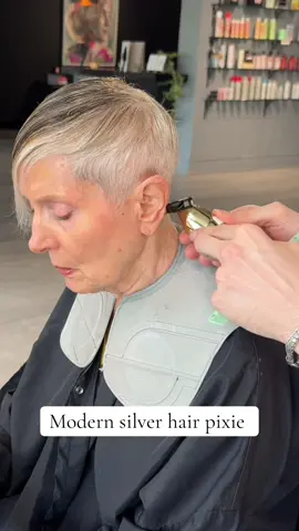Modern silver hair pixie cut  . . #silverhair #pixiecut #shorthaircut #womenover50 
