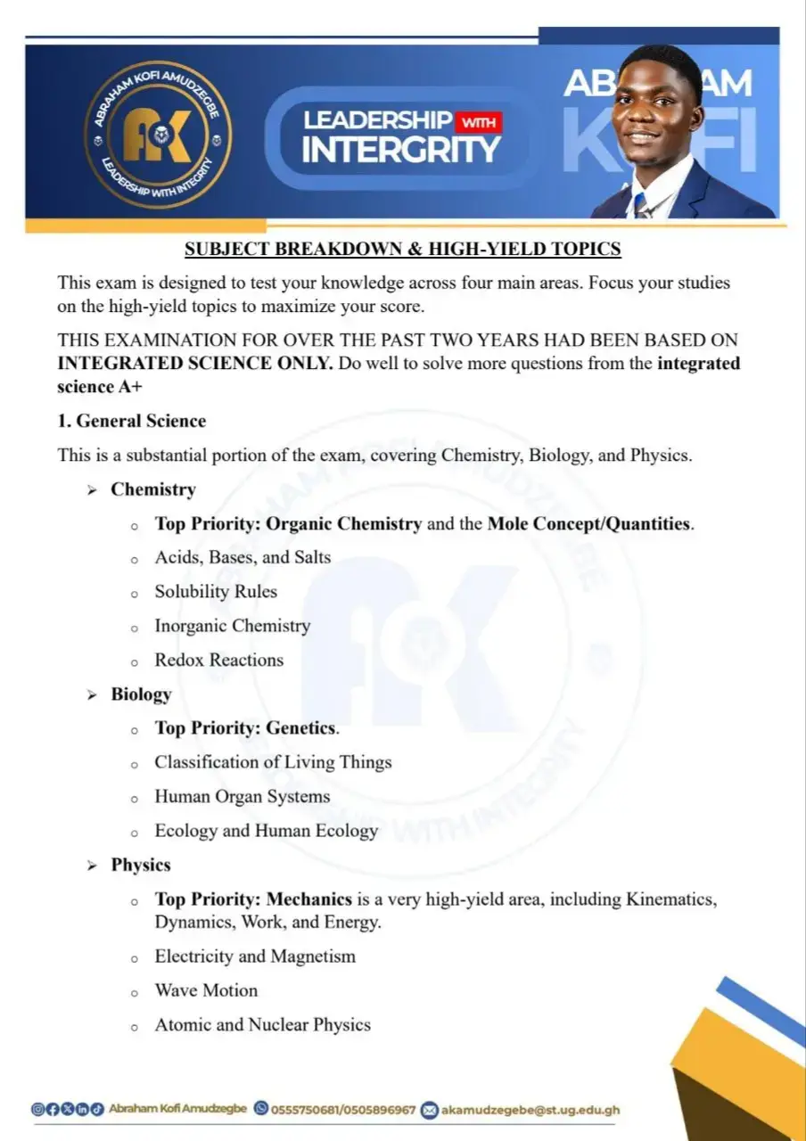 Get ready for your entrance exams! 📘 Here’s your Ultimate Guide — covering: ✅ Subject breakdown & high-yield topics ✅ Exam format & key rules ✅ General knowledge & current affairs ✅ Key ministers, leaders & world organizations ✅ UG & Health Institution leadership facts DM me for past questions and more updates Study smart, stay updated, and go prepared! 💪🏾✨ credit goes to : Nana Ekow Moses ( President of University of Ghana nursing and midwefery association) and Abraham Kofi Amudzebge ( PRO of University of Ghana nursing and midwefery association) #UGNursing #MidwiferyEntranceExam #UGAdmissions2025 #StudyWithIntegrity #AbrahamKofiAmudzegbe 