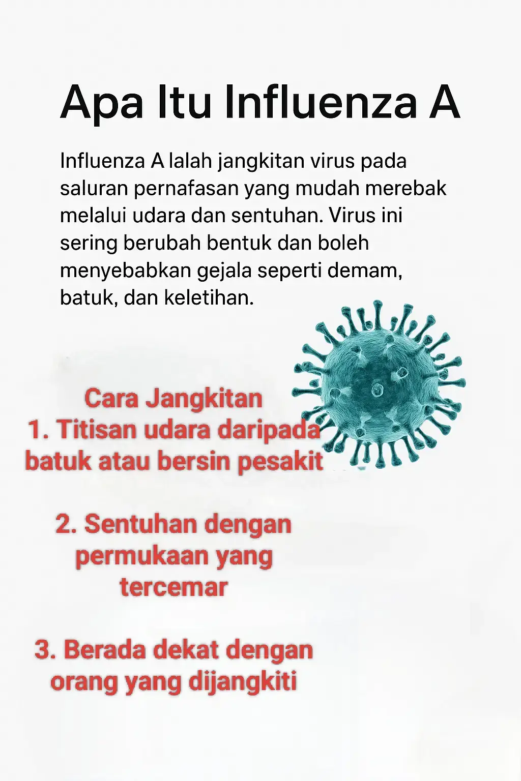 Berikut tanda-tanda Influenza A yang biasa muncul 👇 🌡️ 1. Demam tinggi secara tiba-tiba Biasanya suhu badan meningkat melebihi 38°C, dan disertai rasa menggigil. 🤧 2. Hidung berair atau tersumbat Hidung akan berair banyak, atau terasa tersumbat hingga susah bernafas. 😮‍💨 3. Batuk kering dan sakit tekak Pesakit sering alami batuk berterusan, rasa pedih di tekak, dan sukar menelan. 😖 4. Sakit kepala & sakit otot Otot terasa lemah, sendi sakit seperti baru lepas demam urat. 🥴 5. Letih dan lesu melampau Rasa penat sangat walaupun tak buat kerja berat. Ini tanda sistem imun sedang lawan virus. 🤒 6. Hilang selera makan & loya Sesetengah orang juga alami loya atau muntah ringan. ⚠️ Tanda lebih serius – perlu segera jumpa doktor: Nafas laju atau sesak Bibir atau muka kebiruan Demam lebih 3 hari tak turun Anak kecil atau warga emas nampak terlalu lemah #influenzaA  #virusflu #cegahsebelumparah  #tipskesihatan  #jagakesihatan 