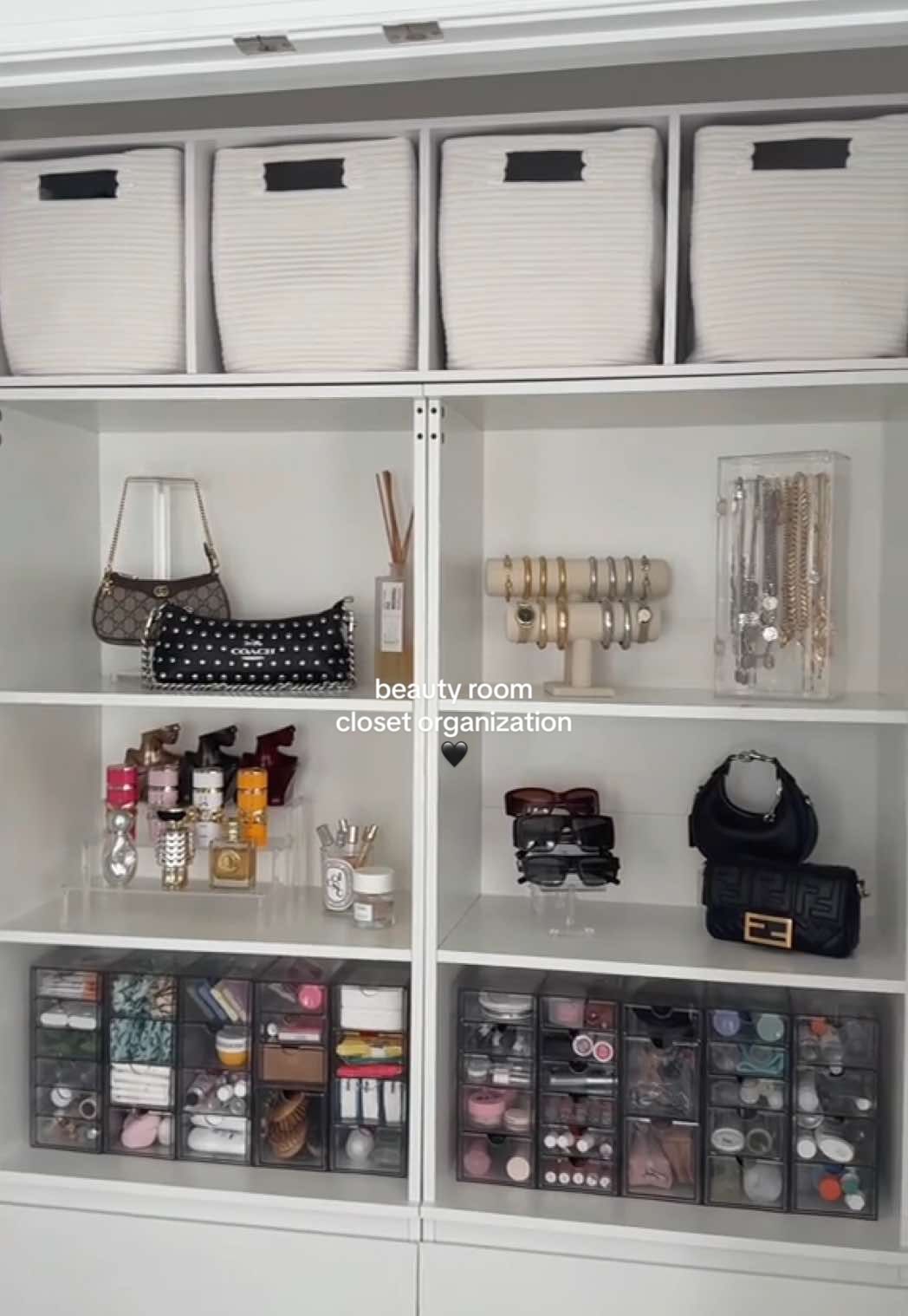 ASMR setting up my little makeshift beauty room closet 👜 needed a renter friendly but aesthetic way to display & organize some of my things and these shelves are basically perfect! 🙌🏼 links to everything on my amazon SF ‘beauty room’ list 🖤 #closetmakeover #smallcloset #displayshelves #closetorganization #amazonhomefinds