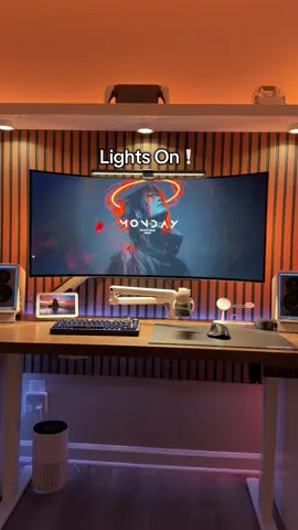 Cozy lights in the evenings always sets the mode >>> #desksetup #cozysetup #desksetuptour #fyp #ultrawidemonitor 
