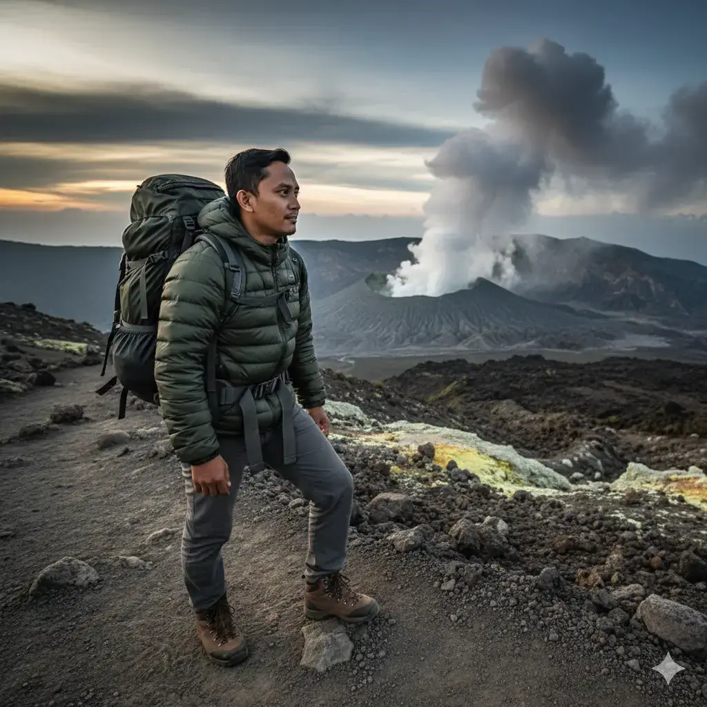 Seorang pria Indonesia usia 30 tahun, tinggi 170cm, berat 75 kg, kulit tan bersih, rambut hitam. Foto aksi sinematik seorang pria sedang mendaki di sepanjang jalur berbatu Gunung Egon, dengan kawah gunung berapi yang mengepul di latar belakang. Tanahnya kasar dengan rona belerang dan tekstur dramatis. Sementara awan berputar-putar di atas puncak. Pakaian: jaket puffer warna hijau army, celana trekking abu-abu, sepatu bot cokelat yang kokoh, ransel gunung. Ekspresi: penuh tekad namun tenang, berhenti di tengah langkah untuk menikmati pemandangan gunung berapi yang luas. Detail teknis: Fotografi perjalanan DSLR, lensa sudut lebar 24mm, resolusi 8K ultra-tajam, kontras sinematik, gradasi langit dramatis, tekstur yang ditekankan untuk realisme. Aspek rasio 3:4 Suasana hati: alami, penuh petualangan, intens - menampilkan sensasi menjelajahi gunung berapi yang masih aktif. #gemini  #chatgpt  #pendakigunung 