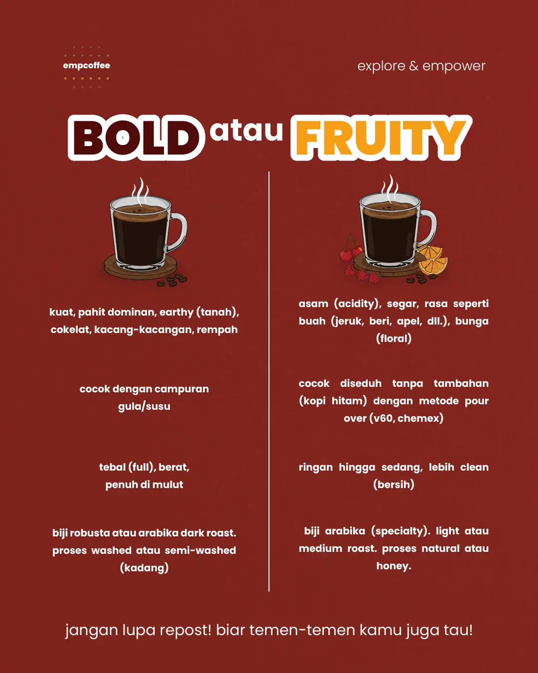 setiap cangkir kopi membawa cerita rasa yang unik, dan biasanya terbagi menjadi dua kubu utama, yaitu bold (kuat) atau fruity (buah-buahan). pemilihan ini nggak cuma soal selera, tapi juga tentang jenis biji dan proses pengolahan kopinya. 🌚 kalo kamu suka kopi yang bold (pekat & kuat): kopi ini akan punya sensasi body yang tebal dan penuh di mulut, dengan dominasi rasa cokelat, nutty, atau earthy. profil ini umumnya berasal dari biji robusta atau arabika yang melewati proses dark roast. kopi dengan karakter ini biasanya digunakan untuk menu milk based, seperti latte dan cappuccino. 🌝 kalo kamu suka kopi yang fruity (cerah & asam): berarti kamu suka flavour note yang kompleks dan segar, seperti citrus, berry, atau floral. rasa yang cerah ini adalah acidity (keasaman) berkualitas tinggi, ciri khas biji kopi arabika yang disangrai light roast. kopi fruity paling nikmat diseduh manual dengan metode pour over (v60) untuk menonjolkan setiap detail rasanya yang clean. jadi, kamu suka karakter kopi yang kayak gimana? #empocoffee #bold #fruitycoffee #coffeeaddict #kopipahit 