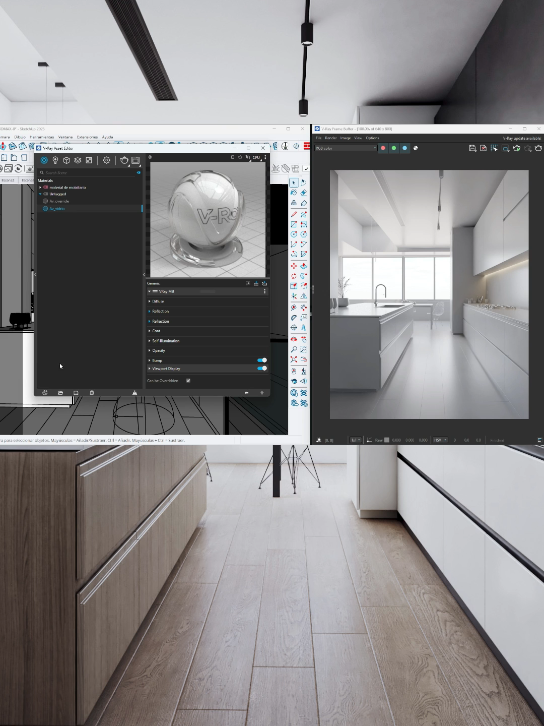 Como crear este piso fotorealisat PBR rapidamente como configuramos este piso de madra usando (MULTI-SUB) Mayor detalle de este video en el link de mi perfil.. #vray #animation #ia #sketchup #render