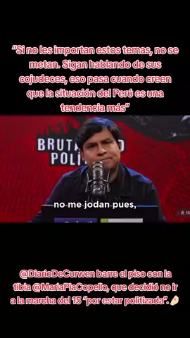 “Si no les importan estos temas, no se metan. Sigan hablando de sus cojudeces, eso pasa cuando creen que la situación del Perú es una tendencia más” @DiarioDeCurwen barre el piso con la tibia @MariaPiaCopello, que decidió no ir a la marcha del 15 “por estar politizada”.🤌🏻