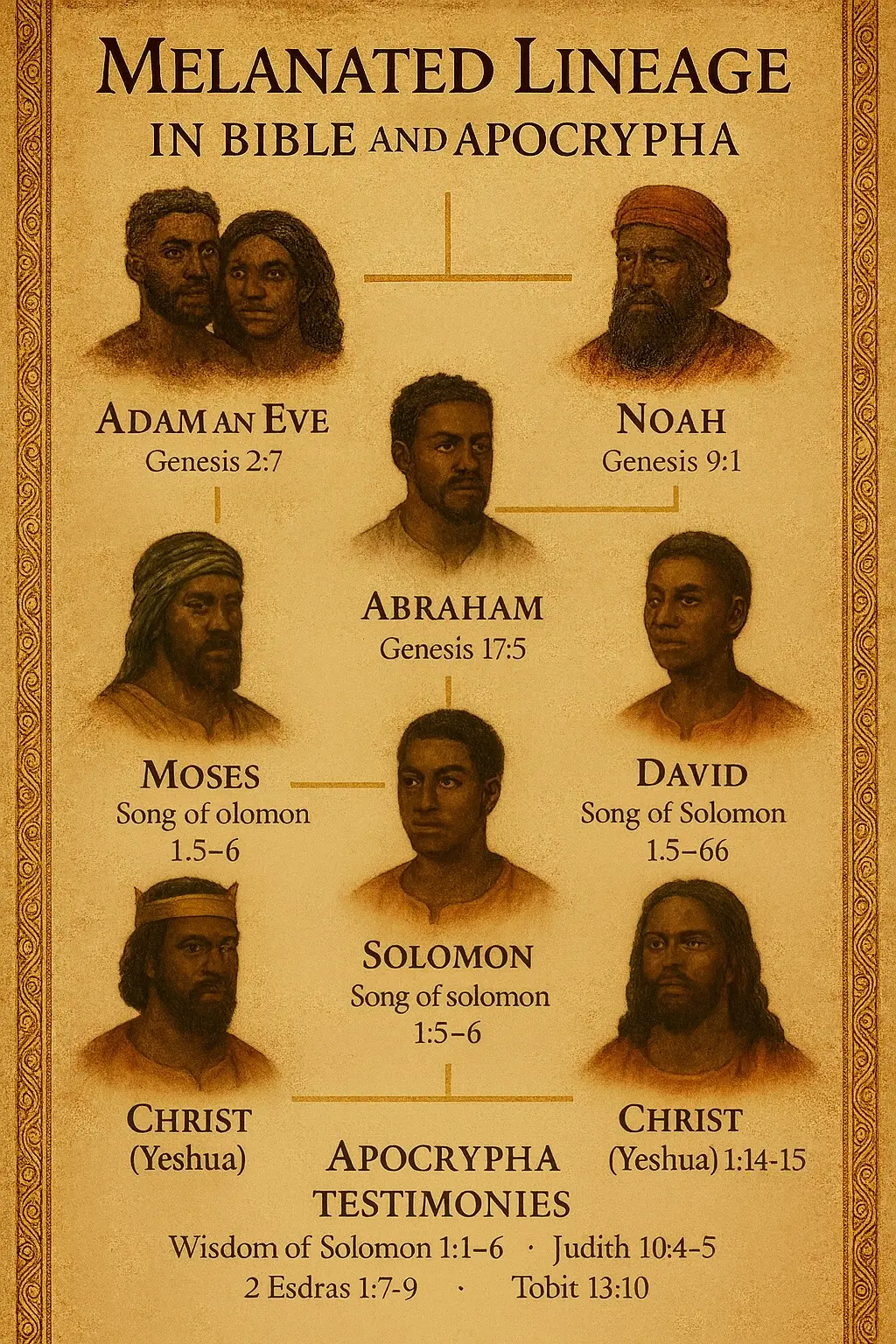 ✨ Melanated Lineages in the Bible and Apocrypha From Adam to Christ — The Bloodline of Dark-Skinned People of the Scriptures ⸻ 🧬 1. Adam and Eve — The Root of Humanity Scripture: Genesis 2:7 “And the LORD God formed man of the dust of the ground, and breathed into his nostrils the breath of life.” Region: Ancient Mesopotamia (Eden, between the Tigris and Euphrates Rivers). Notes: The word Adam comes from adamah meaning red-brown earth, symbolizing dark skin made from the soil. ⸻ 🌊 2. Noah — The Preserver of the Line Scripture: Genesis 9:1 “And God blessed Noah and his sons, and said unto them, Be fruitful, and multiply, and replenish the earth.” Region: Mount Ararat (modern Turkey/Iraq area). Notes: Noah’s three sons — Shem, Ham, and Japheth — repopulated the earth after the flood. ⸻ 🌍 3. Ham — Father of the African Nations Scripture: Genesis 10:6 “And the sons of Ham; Cush, and Mizraim, and Phut, and Canaan.” Region: Africa (Cush = Ethiopia/Sudan, Mizraim = Egypt, Phut = Libya, Canaan = Israel/Levant). Notes: Ham’s line carried the dark-skinned civilizations of Africa and Canaan, including ancient Egypt and Nubia. ⸻ 🌄 4. Shem — Father of the Afro-Asiatic Line Scripture: Genesis 10:21 “Unto Shem also, the father of all the children of Eber…” Region: Arabia, Mesopotamia, Canaan. Notes: Shem’s descendants include Abraham, the Israelites, Assyrians, and Arabs — all of Afro-Asiatic descent. ⸻ 🕊️ 5. Abraham — The Father of Many Nations Scripture: Genesis 17:5 “For a father of many nations have I made thee.” Region: Ur of the Chaldees (Iraq) → Canaan. Notes: Abraham was a descendant of Shem. His seed led to the twelve tribes of Israel and other Semitic peoples of color. ⸻ 🔥 6. Moses — The Deliverer of Israel Scripture: Exodus 2:19 “An Egyptian delivered us out of the hand of the shepherds.” Region: Egypt and Sinai. Notes: Moses was mistaken for an Egyptian, showing he shared the same dark complexion. His wife Zipporah was a Cushite (Numbers 12:1). ⸻ 👑 7. David — The Warrior King Scripture: 1 Samuel 16:12 “Now he was ruddy, and withal of a beautiful countenance, and goodly to look to.” Region: Israel (Tribe of Judah). Notes: “Ruddy” in Hebrew means a deep, reddish-brown tone — describing a rich dark complexion, not pale skin. ⸻ 💎 8. Solomon — The Wise King Scripture: Song of Solomon 1:5–6 “I am black, but comely, O ye daughters of Jerusalem.” Region: Jerusalem, Kingdom of Israel. Notes: Solomon and his people were melanated Israelites with close relations to Egypt and Cush. ⸻ ✝️ 9. Christ (Yeshua) — The Fulfillment of the Line Scripture: Revelation 1:14–15 “His head and his hairs were white like wool, as white as snow; and his feet like unto fine brass, as if they burned in a furnace.” Region: Judah (Bethlehem, Nazareth, Egypt). Notes: Yeshua descended through the royal line of David and Solomon. His woolly hair and bronze skin mark Him as a melanated man of the tribe of Judah (Hebrews 7:14). ⸻ 📖 10. Apocrypha Testimonies of the Melanated Line 	•	Wisdom of Solomon 1:1–6 — written by King Solomon, mirroring African royal wisdom. 	•	Judith 10:4–5 — Hebrew woman of dark beauty and strength. 	•	2 Esdras 1:7–9 — Israel scattered through Africa and the islands. 	•	Tobit 13:10 — Israelites dwelling among dark nations of Nineveh and Media. 	•	1 Maccabees 3:48 — warning of foreign powers “painting the likeness of their images” (depicting false white idols). ⸻ 🧭 Summary From Adam’s creation in the red-brown soil of Eden to Christ’s bronze feet and woolly hair, the Bible and Apocrypha consistently describe melanated people leading civilization, faith, and prophecy. The Scriptures are rooted in Africa and the Afro-Asiatic world — not Europe — confirming that God’s chosen line was dark-skinned and divine in purpose. #darkskin #bible #thewholeworld #maga #disciples