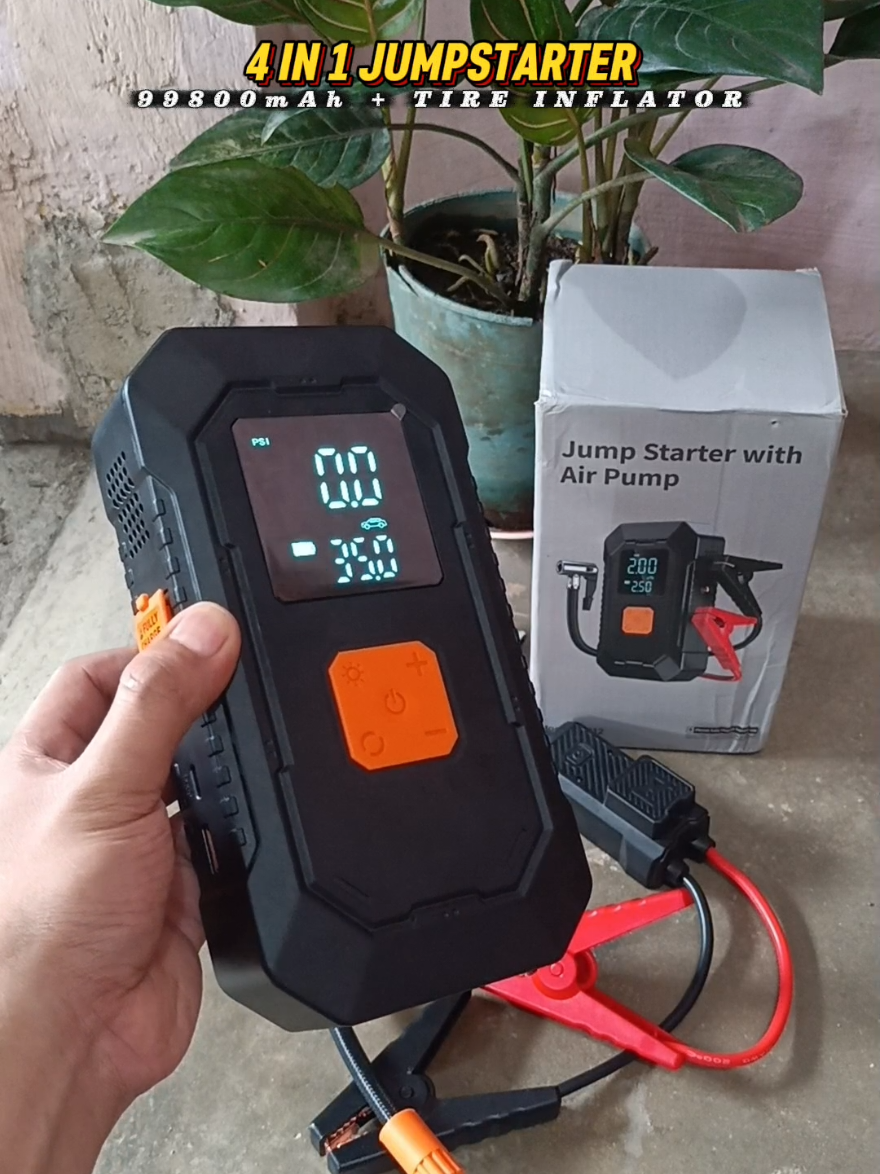 4 IN 1 JumpStarter With Tire Inflator 99800mAh Heavy Duty JumpStarter Set With Emergency Power Bank, Flaslight. Perfect For Car & Motorcycle Owners🔥 #jumpstarter #4in1 #jumpstart #airpump #fyp 