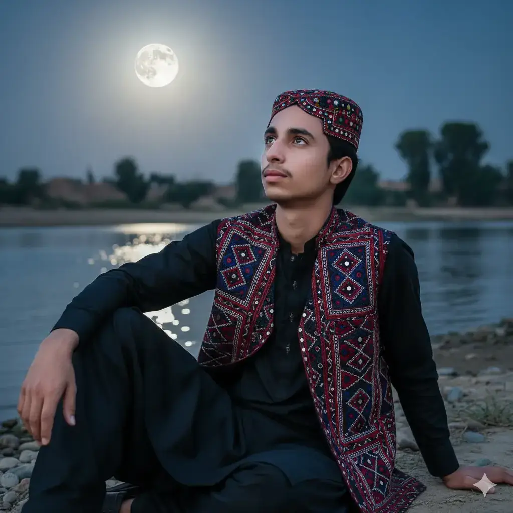 photo getting out of the black toyota Vigo from driving seat wearing black shalwar kameez. Sindhi topi on my head.sindhi ajrak on my left shoulder.don't change my face keep me face 100% same as in the reference a#googlegemini 🥰🥰