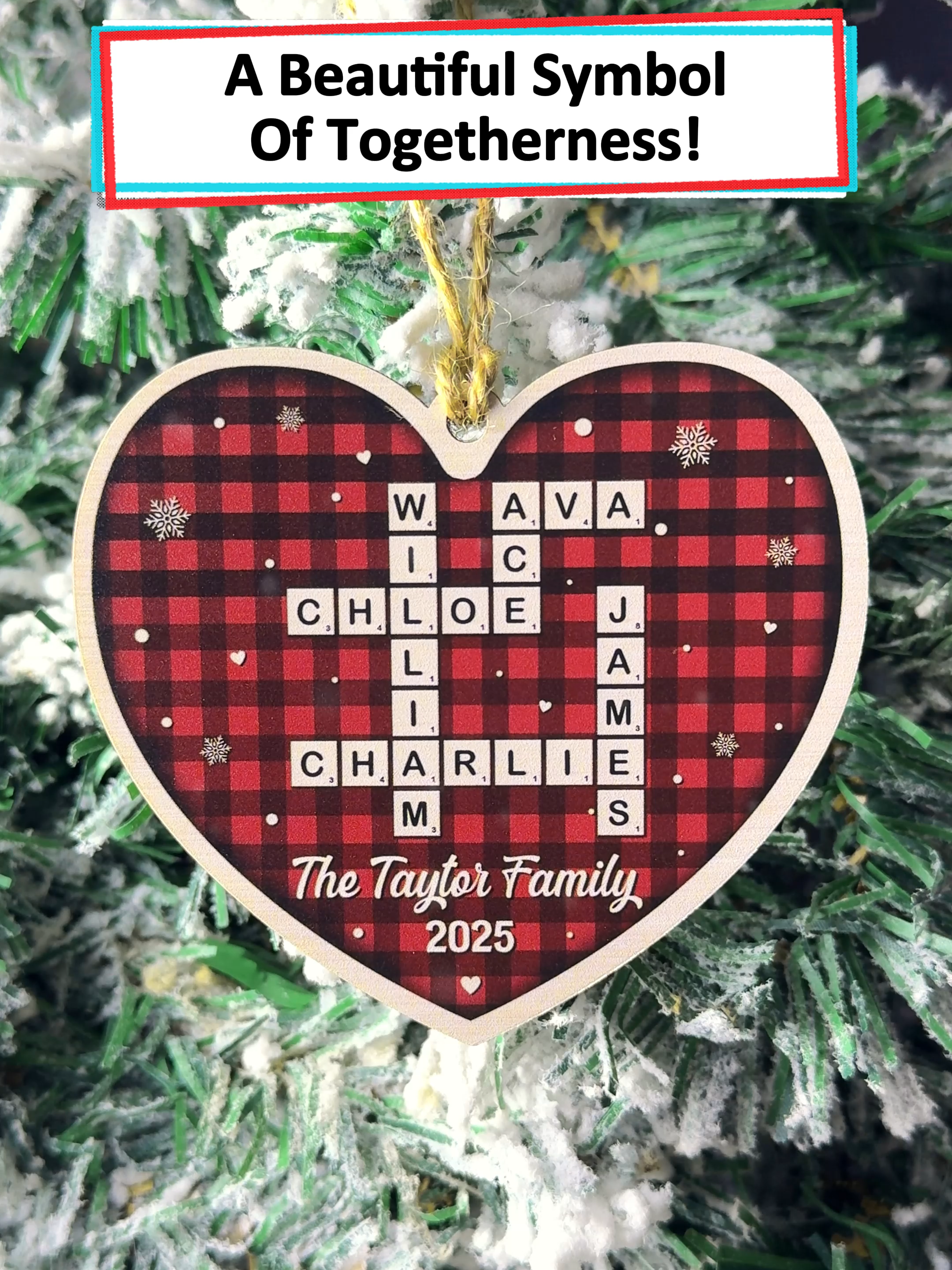 A red plaid heart filled with your family names, made to warm the tree and every holiday memory ❤️#wanderprints#personalized#gifts#Christmas#giftforfamily