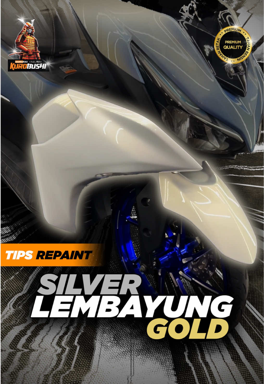 Ingin hasil cat motor yang elegan dan berkelas seperti ini? Warna Silver Lembayung Gold bisa jadi pilihan tepat Perpaduan silver metalik halus dengan efek gold berkilau memberikan tampilan mewah dan premium di segala pencahayaan. Urutan cat yang digunakan: 1️⃣ Epoxy 2K04 – untuk dasar yang kuat dan permukaan halus. 2️⃣ Silver 124 – sebagai warna dasar metalik yang mengkilap. 3️⃣ 4D Gold 4D885 – memberikan efek emas lembayung yang elegan. 4️⃣ Clear Glossy 2K01 – lapisan akhir agar hasil lebih mengilap dan tahan lama. 🔥 Hasil akhir: Tampilan elegan, glossy, dan eksklusif! #Kurobushi #TipsRepaint #SilverLembayungGold #CatMotorPremium #MotorKeren #RepaintMotor #catsemprot #cataerosol #catkaleng #FYP 
