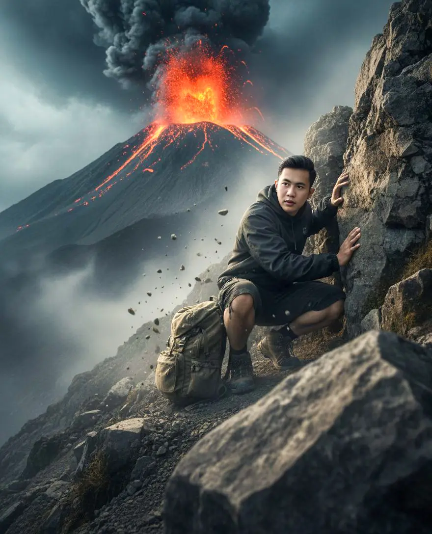 Tutorial edit di GEMINI AI 🫵 1. buka aplikasi Gemini 📲 2. Masukan foto kamu 📸 3. Copy+paste prompt di bawah 👇 ​ PROMPT : ‎Gunakan (foto terlapir) menjadi adegan pria menunduk bersembunyi d balik celah tebing di lereng gunung tampak miring, tampak batu kecil bergelinding dari atas disertai debu, kabut turun di lereng gunung. Pose pria tampak samping menunduk tangan bersandar di batu, dengan wajah was-was, pria mengenakan jaket parasut dan celana pendek, ransel gunung di letakkan di bawah. Pandangan pria melihat kamera. Tampak depan sebuah batu terlihat samar. Background tampak dekat di atas kepalanya, gunung terlihat meletus, larva menyembur, dengan awan gelap disertai debu. Foto low-angle shot nampak lereng gunung diatas kepanya, foto realistik cinematik. 9:16. #promptgemini #fyp #gemini #geminitrend #GeminiAi 