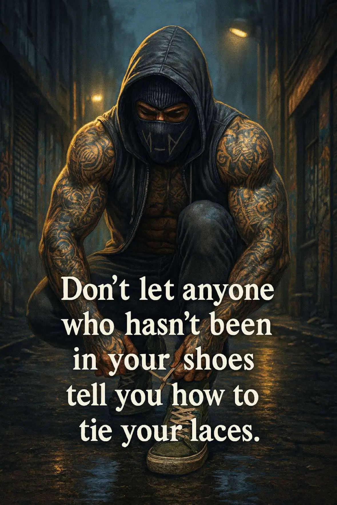 This AESTHYOS-themed artwork transforms the quote “Don’t let anyone who hasn’t been in your shoes tell you how to tie your laces” into a powerful visual of resilience and individuality. The scene shows a muscular, tattooed man crouched in a rain-soaked alley, tying his laces with unwavering focus. His mask and hood symbolize strength in solitude, while the golden streetlight glow represents self-belief shining through the darkness. The piece captures the essence of AESTHYOS — self-mastery, authenticity, and defiance against judgment. #aesthyos #motivationalart #mindsetmatters #selfdiscipline #stayfocused #innerstrength #mentalresilience #fitnessmotivation #urbanwarrior #believeinyourself #noexcuses #grindmode #aesthetics #staytrue #selfgrowth #fightyourdemons #darkmotivation #lifelessons #aesthyoslegacy