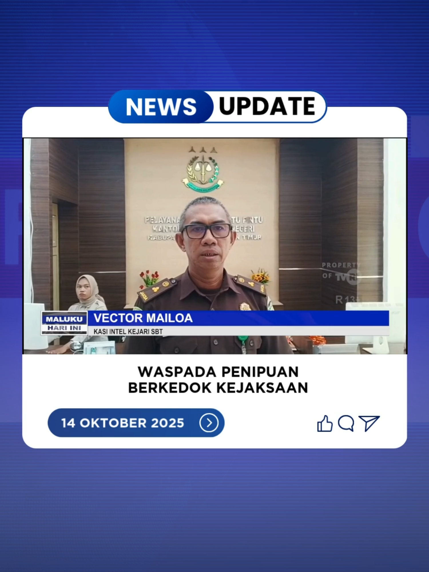 Berbagai pihak di Seram Bagian Timur dihimbau waspada terhadap penipuan oleh oknum tertentu mengatasnamakan kejaksaan. Hal itu disampaikan Kepala Seksi Intelijen Kejaksaan Negeri Seram Bagian Timur, Vector Mailoa. Dirinya menyampaikan, himbauan itu menyusul informasi adanya aparatur desa yang dihubungi oleh oknum tertentu meminta sejumlah uang mengatas namakan kejaksaan untuk kegiatan tertentu.  Selengkapnya di Maluku Hari Ini, Pukul 19.00 WIT. #TVRINews #BeritaMaluku #TVRIMaluku #MalukuHariIni #SeramBagianTimur #Penipuan #Kejaksaan#malukupride🏝🔥