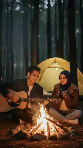 Camping berdua lebih asyik gak ada yang ganggu🤣🤣 @🪷ムティア💞 S M H I💞  PROMPT>>>> Buatkan foto dengan wajah dan gaya rambut sama seperti foto yang di sediakan tanpa merubah wajah aslinya, foto realistis pasangan muda sedang duduk di depan api unggun pada malam hari di alam terbuka, suasana hangat dan romantis, cahaya api memantul di wajah mereka, wanita indonesia berhijab biru memakai jaket bulu cokelat memegang cangkir hitam, pria indonesia memakai jaket hitam kaos dalam putih sedang bermain gitar, di belakang ada tenda kuning menyala lembut, pencahayaan hangat dari api unggun dan tenda, suasana tenang dan damai di hutan, foto tajam jelas rasio 9:16 #foto #fypシ゚ #googlegemini #prompt 