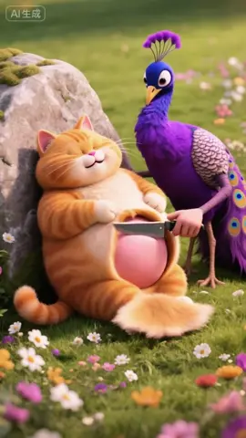 The fat orange cat was shaved by the purple peacock #cat #aicat  #fatcat #aicartoon 