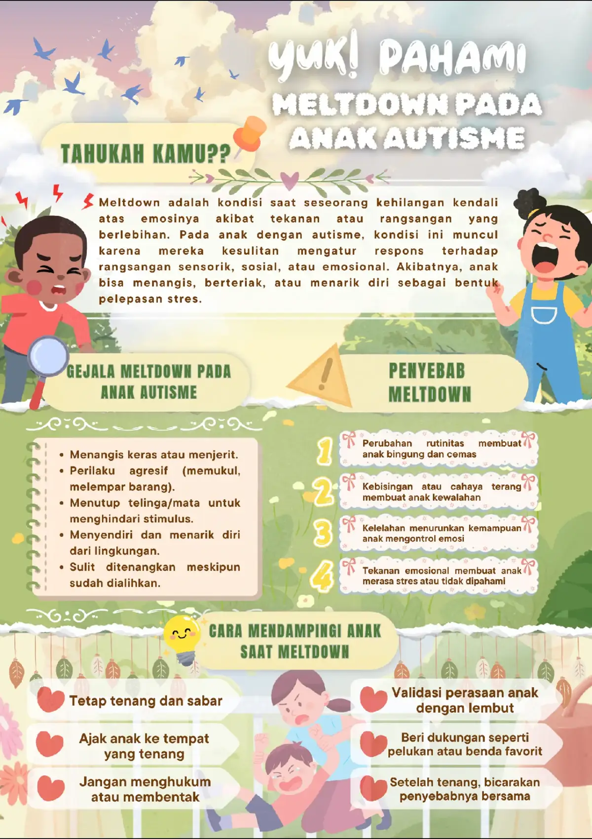 🧩 Meltdown bukan sekadar tantrum — ini adalah bentuk reaksi emosional yang muncul ketika anak autisme merasa kewalahan oleh rangsangan berlebih. Sebagai pendidik, orang tua, maupun teman sebaya, kita perlu memahami bahwa mereka tidak butuh hukuman, melainkan dukungan dan penerimaan. 💕 Dengan memahami tanda, penyebab, dan cara mendampingi anak saat meltdown, kita membantu menciptakan lingkungan pendidikan inklusif yang ramah, empatik, dan penuh kasih. 🌼 ✨ Mari bersama wujudkan sekolah yang menerima setiap anak apa adanya! ✨ 👩‍🎓 Disusun oleh: Nur syifa Azizah NIM: 2305116044 #PendidikanInklusif #Autisme #Meltdown #AnakBerkebutuhanKhusus     #creatorsearchinsights 