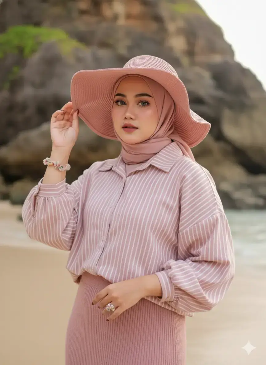 prompt: Subjek & Postur: Seorang wanita Muslim muda, berpose berdiri setengah badan dan menghadap lurus ke kamera. Dia memiliki fitur wajah Asia Tenggara. Pertahankan fitur wajah asli dari gambar referensi (hanya perbaikan makeup/pencahayaan). Pakaian & Aksesori: Hijab: Pashmina viscose warna dustypink,dililitkan dengan gaya satu sisi ke belakang dan sisi lainnya menjuntai ke depan. Atasan: kemeja flanel oversize model balon ada saku dipinggir kiri warna strip putih dustypink. Bawahan:rok knit premium warna dusty pink. Aksesoris kepala:memakai topi pantai bergelombang warna dustypink. Aksesoris Tangan: Tangan Kanan: memakai gelang bermotif bunga. tangan kanan :memegang sisi tepi topi. Jari Kiri: Memakai cincin motif bunga. Kuku: Nail art berwarna maroon dengan motif bunga. Riasan Wajah (Makeup): Riasan: Natural, memberikan kesan ala baddie yang halus dan terpoles.Soft-lens: dawn grey. Bulu Mata: Pendek dan lentik. Lipstik: Ombre dengan dasar warna crushed (nude/pink lembut)dan lapisan luar berry glossy (merah berry mengilap). Rona Pipi (Blush On): Warna pink muda yang samar.Latar, Pencahayaan & Gaya Foto: Latar Belakang:disebuah pantai indah dengan batu karang yang indah.Pencahayaan: Soft lighting (pencahayaan yang lembut). Kualitas: Resolusi tinggi (HD Quality), foto studio, lensa prime lens, dengan depth of field tipis/bokeh ringan di latar belakang. Gaya: Warm tone, high-quality fashion photo rasio aspek 9:16. #4u #geminiAl #aigenerated #trendingtiktok #fypviralシ #fffffffffffyyyyyyyyyyypppppppppppp 