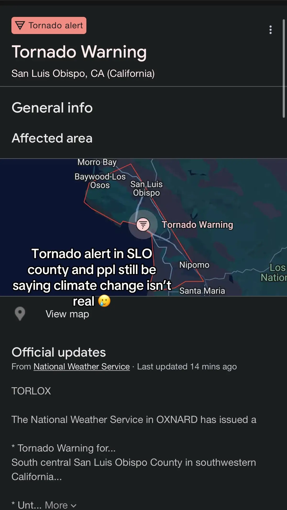 Severe thunderstorms and a tornado alert wtfff‼️ #slocounty 