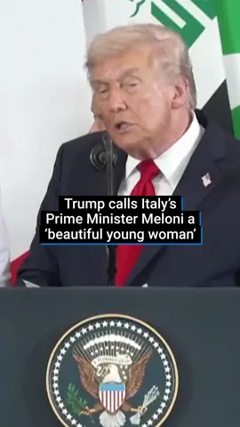 U.S. President Donald Trump described Italian Prime Minister Giorgia Meloni as 'a beautiful young woman', as she stood behind him on stage at a Gaza summit in Egypt's Red Sea resort of Sharm el-Sheikh. Trump was speaking in front of several world leaders on the stage, with Meloni the only female leader standing behind him. During his speech, he turned around and asked the Italian prime minister, 'You don’t mind being called beautiful, right?' Meloni’s reaction was not fully visible as Trump’s back blocked the cameras, but she could be seen smiling before he turned to address her. #donaldtrump #italy #italia #worldnews