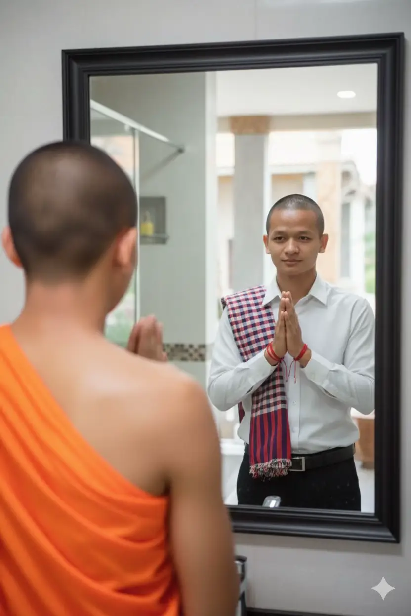 #prompt_Gemini_AI •	Use the Google Gemini app or website •	Log in with your email account •	Upload two images (a back image and a real face image) •	Copy and paste this prompt: FACE IDENTITY LOCK (100%) Use my uploaded real face photo exactly — no changes. A Cambodian monk stands with his back to the camera, facing a large bathroom mirror. In the mirror reflection: show my true unchanged face, crystal clear and ultra-realistic, wearing a white long-sleeve shirt, black pants, a traditional Khmer krama draped over one shoulder across the chest, multiple red string bracelets, and hands in Sampeah gesture. Outside the mirror: only the monk’s back in saffron robes. Cinematic, sacred yet modern, ultra-realistic photography, lifelike lighting, sharp clear detail.
