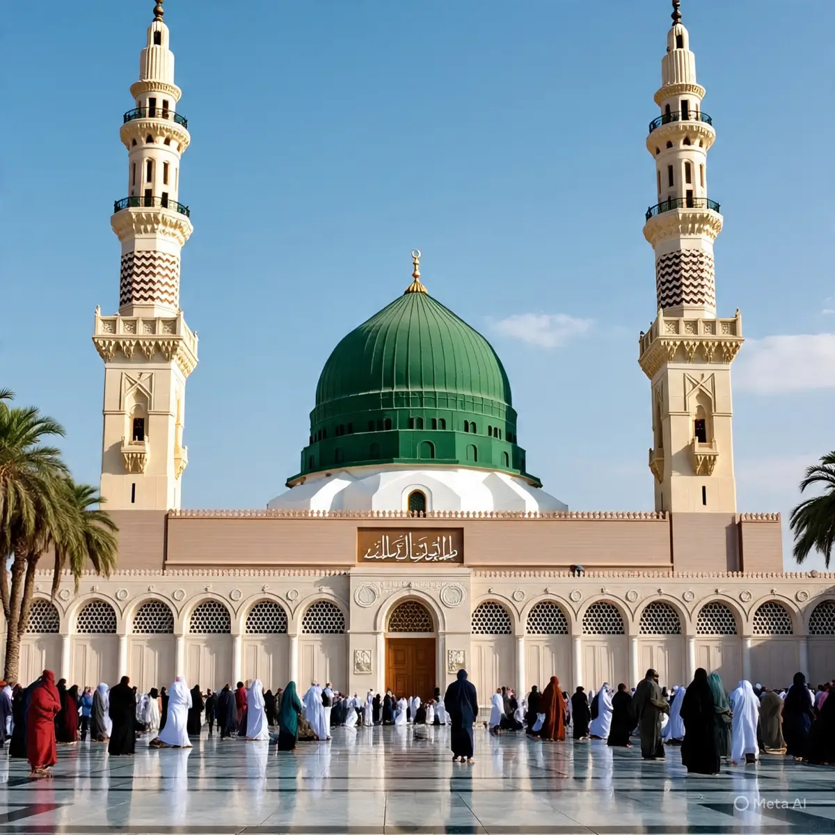 This image beautifully captures the majestic essence of Masjid al-Nabawi, the Prophet's Mosque, located in the sacred city of Madinah. The iconic green dome marks the resting place of the Prophet Muhammad (PBUH). Surrounded by elegant minarets, the mosque's breathtaking architecture shines under the clear blue sky. ‎The vast marble courtyard reflects the gentle sunlight, creating a serene and spiritual ambiance. Pilgrims can be seen walking peacefully and engaging in prayer, symbolizing the unity and devotion of Muslims from around the world. ‎This holy site is not only an architectural marvel but also a profound place of ‎reverence and ‎tranquility.#unfreezemyacount ‎#foryoupage ‎#videoviral 