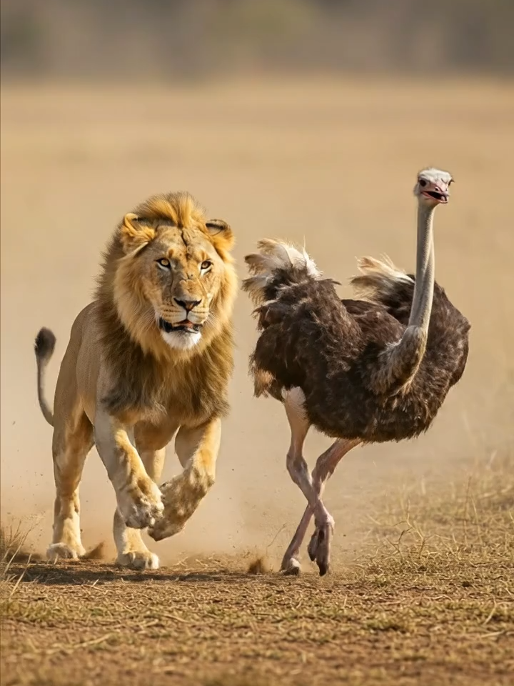 Lion hunts the ostrich… then gets kicked out of the chase! 😱🦤 You won’t believe this reversal! #LionVsOstrich #Wildlife #AIshorts #PlotTwist #Shorts