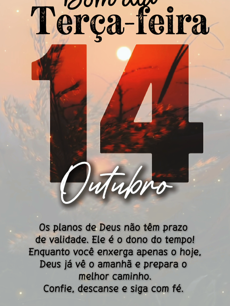 ✨ TERÇA-FEIRA,  14 DE OUTUBRO ✨ Bom dia! 🌻 Os planos de Deus não têm prazo de validade. Ele é o dono do tempo! Enquanto você enxerga apenas o hoje, Deus já vê o amanhã e prepara o melhor caminho. Confie, descanse e siga com fé. 🙏💫 #BomDia #TerçaFeiraAbençoada #Fé #DeusNoComando #Esperança 