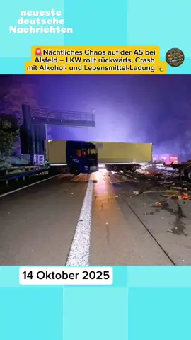🚨Nächtliches Chaos auf der A5 bei Alsfeld – LKW rollt rückwärts, Crash mit Alkohol- und Lebensmittel-Ladung🍾🚛 #a5unfall  #lkwcrash  #autobahnnews  #feuerwehreinsatz  #DeutschlandAktuell 