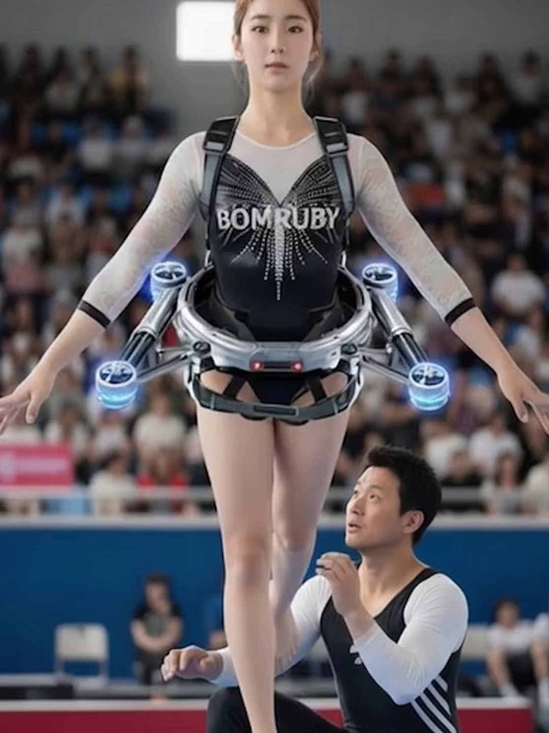 Drone Gymnastics: Harmony Between Air and Ground 드론 체조: 공중과 지상의 완벽한 조화 A new form of gymnastics performance begins. Drones hovering in the air delicately assist the athlete’s movements, showcasing BOMRUBY’s futuristic fusion of technology and art.  In a moment so focused that even the audience holds its breath, the perfect harmony between machine and human creates a true work of art.   새로운 형태의 체조 공연이 시작됩니다. 공중에 떠 있는 드론이 선수의 동작을 섬세하게 보조하며, 기술과 예술이 융합된 ‘BOMRUBY’만의 미래형 체조를 선보입니다.  관중의 숨소리조차 멈추는 집중의 순간, 기계와 인간의 완벽한 균형이 만들어내는 예술의 경지.   본 영상은 인공지능(AI)을 활용해 제작된 콘텐츠입니다. 실제 인물이 아닌 AI 생성 이미지 및 영상임을 알려드립니다.  This video was created using Artificial Intelligence (AI). The characters and visuals are AI-generated, not real individuals. #체조 #gymnastics #드론 #DRONE