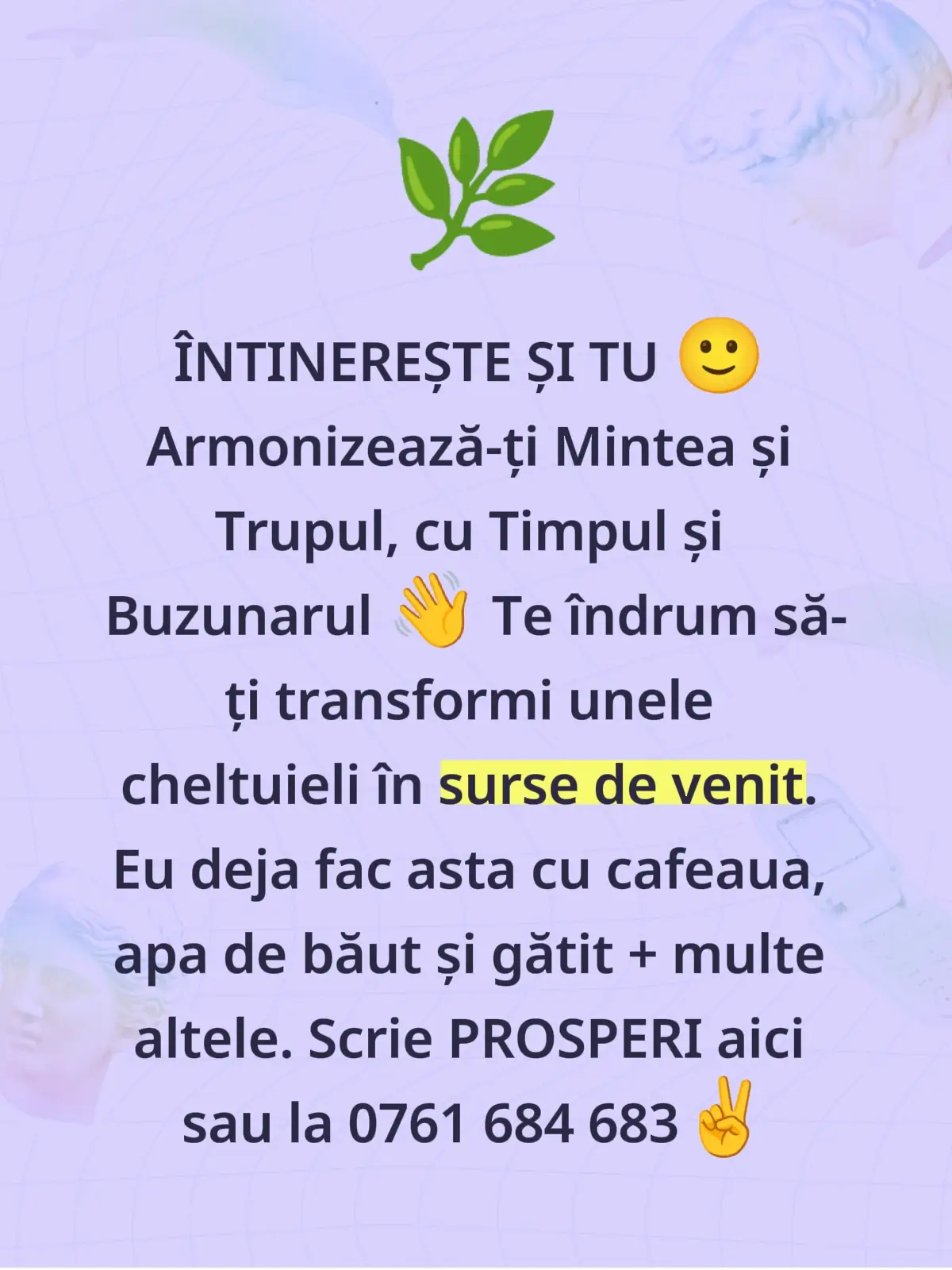 Scrie la Comentarii VREAU În Comunitatea PROSPERI apoi SMS la 0761 684 683 sau pe WhatsApp ori Telegram cu acelasi text + Nume Prenume, varsta si localitatea (țara). Și te sun eu. E mult prea ușor decăt ți-ai putea imagina tu.  De exemplu, și tu folosești în familie Apa de Băut și Gătit, bei cafea, ceai și folosești unele produse de îngrijire și igienă personală.  Mai mult, majoritatea familiilor cheltuie anual între 2000 și 4000 Lei doar oe Apa de Baut la plastic, dar gătesc tot cu apa de la robinet, fântână etc cu multe reziduuri invizibile pt ochiul uman.  Cafeaua din comerț conține ACRILAMIDĂ care e puțin Cancerigenă. Iar exemplele pot continua la nesfârșit cu produsele din comerțul clasic, mai ales cele farmaceutice care-ți întrețin bolile.  Cu cât amâni mai mult să schimbi ceva în acțiunile tale zilnice, vei munci doar pentru alții, pentru Stat iar tu riști să rămâi bolnav/ă și sărac/ă.  Dar poți schimba asta cu un Like + comentariu + follow + distribuire + contactează-mă la 0761 684 683 sau 0724 379 940 ambele pe WhatsApp și Telegram. Cu Nume Prenume, localitatea (țara), vârsta si textul 'Vreau în Comunitatea Prospero'. Sau intră direct pe www.prosperi.ro unde ai câteva informații de bază apoi contactează-mă. E mai ușor decât ți-ai putea imagina ✌️🤝