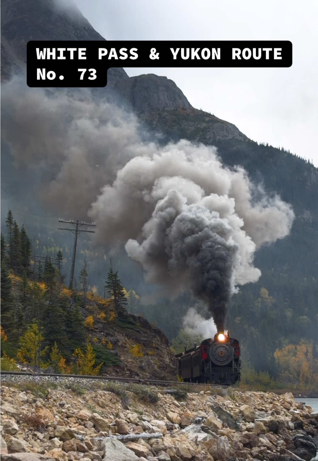 White Pass No. 73 makes its way along the shores of Bennett Lake in Canada during the fall season — steam drifting across the water as the colors of autumn frame the scene. #WhitePass #SteamTrain #traintok #YukonRailway #RailwayHeritage