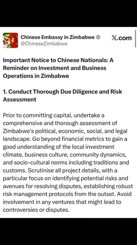 Important Notice by Chinese Embassy in Harare, Zimbabwe on their X handle  I will say there has been significant economic cooperation between Zimbabwe and China. Also, various opportunities to strengthen the business collaboration and deepen mutual understanding through dialogue and exchange of knowledge and experiences between the two countries have been established.  I urge business community and public to attend the  roundtable discussions that are usually organized by the China Zimbabwe Exchange Centre (CZEC) and the SARDC Institute for China Africa Studies in Southern Africa. Some of the  Roundtable discussions have brought together authorities from  Ministry of Energy and Power Development. Ministry of Public Service , Labour and Social Welfare , Minerals Marketing Corporation of Zimbabwe (MMCZ) , OPC, Ministry of Industry & Commerce & Environmental Management Agency , ZIMRA, Immigration ,ZRP and many others addressing various issues.   #zimchinacooperation #zimchinatrade #zimbabwe #china  #fypシ゚ 