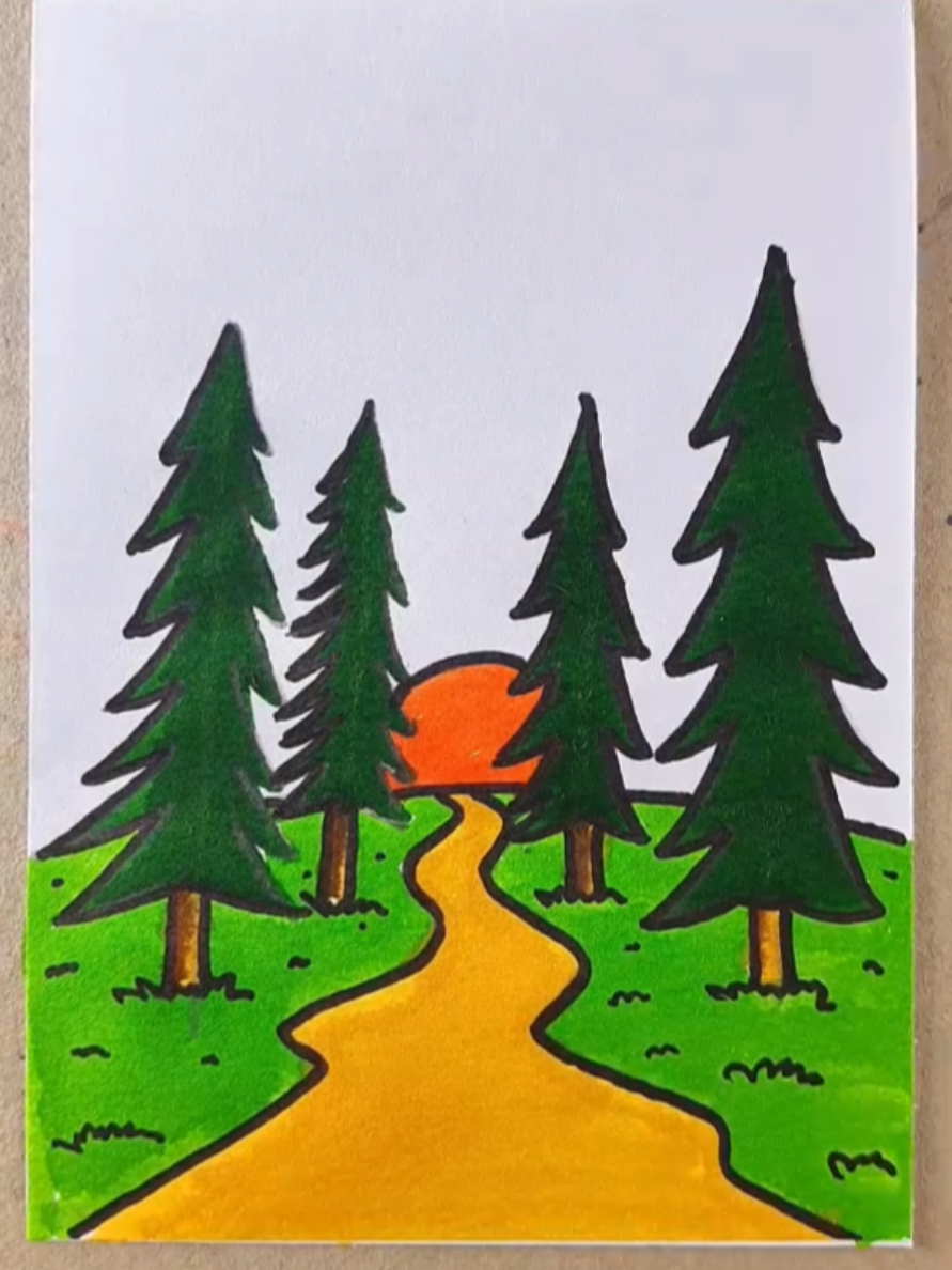 Beautiful trees and sunset scenery#drawing #Foryou #artistsoftiktok #arteducation #trending 