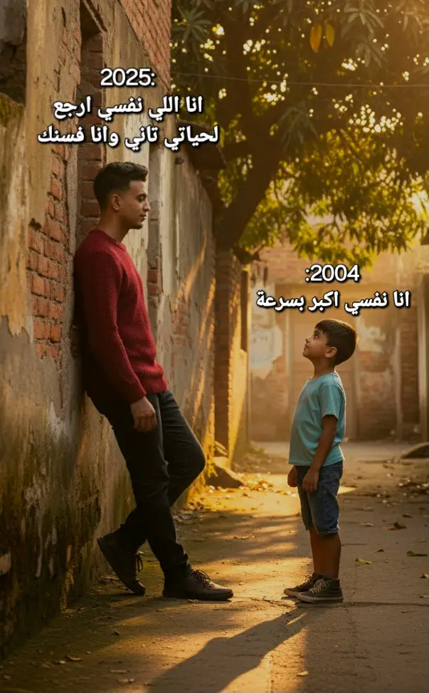 A cinematic, photorealistic full-body shot of an adult meeting his childhood self in an old residential alley with a large mango tree, captured from the side view. The adult leans against the alley wall, gazing softly at the child, while the child stands at a distance looking up at him with admiration. Both figures are shown in full body, with realistic proportions and natural posture. Warm golden hour sunlight streams from the side, casting long shadows and creating a nostalgic mood over the worn alley walls and glowing mango leaves. Replace both faces with the ones from the uploaded photos, keeping every detail of their hair, outfits, and accessories exactly as in the reference images. Vertical 9:16 ratio, realistic skin texture, natural expressions, cinematic lighting, and warm ton #foryou #gemini #googlegemini #ai #اكسبلور 