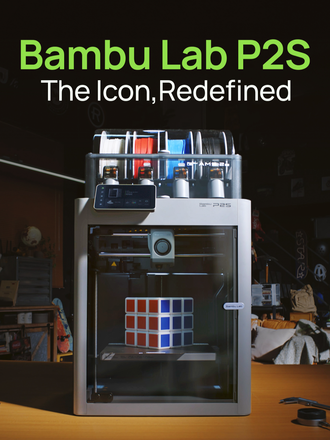 The P2S is here!  Our most popular printer just got smarter. 🚀 We've upgraded everything: ✅ Adaptive Airflow: Perfect temp for any filament. ✅ AI Monitoring: Catches errors before they happen. ✅ PMSM Extruder: 70% more force for tough materials. ✅ Auto-Calibration: Perfect first layer, every time. ✅ 5