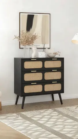 Can we talk about how chic this rattan dresser is? ✨ Black wood, woven drawers, and huge storage — makes my bedroom feel so put together! #Giratree #Giratreefurniture #ModernFarmhouse #HomeStyle