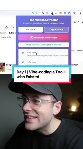 Day one of vibe-coding an app or tool I wish existed. Today I’m building a Chrome extension that pulls the top videos from any TikTok or Instagram profile. Right now, I use multiple tools where I’d copy and paste URLs to then pull the video scripts from…  So I built this tool with Claude that now does it in one click. I simply open a profile… Hit Get URLs, and it instantly provides the links to the top 10 videos.  Then I added a button that gets the spoken-word scripts from each video.  It pulls all the captions, puts them into one document, and downloads it automatically. Now I can study the best performing videos, their hooks, and their storytelling in less than a minute. For example, I can now prompt:  Analyse the below video scripts and tell me why they went viral.  And simply copy and paste these scripts into ChatGPT. Now we can see a full breakdown of why RPNs videos go viral.  #vibecoding #aicoding #claude #ai #buildinpublic 
