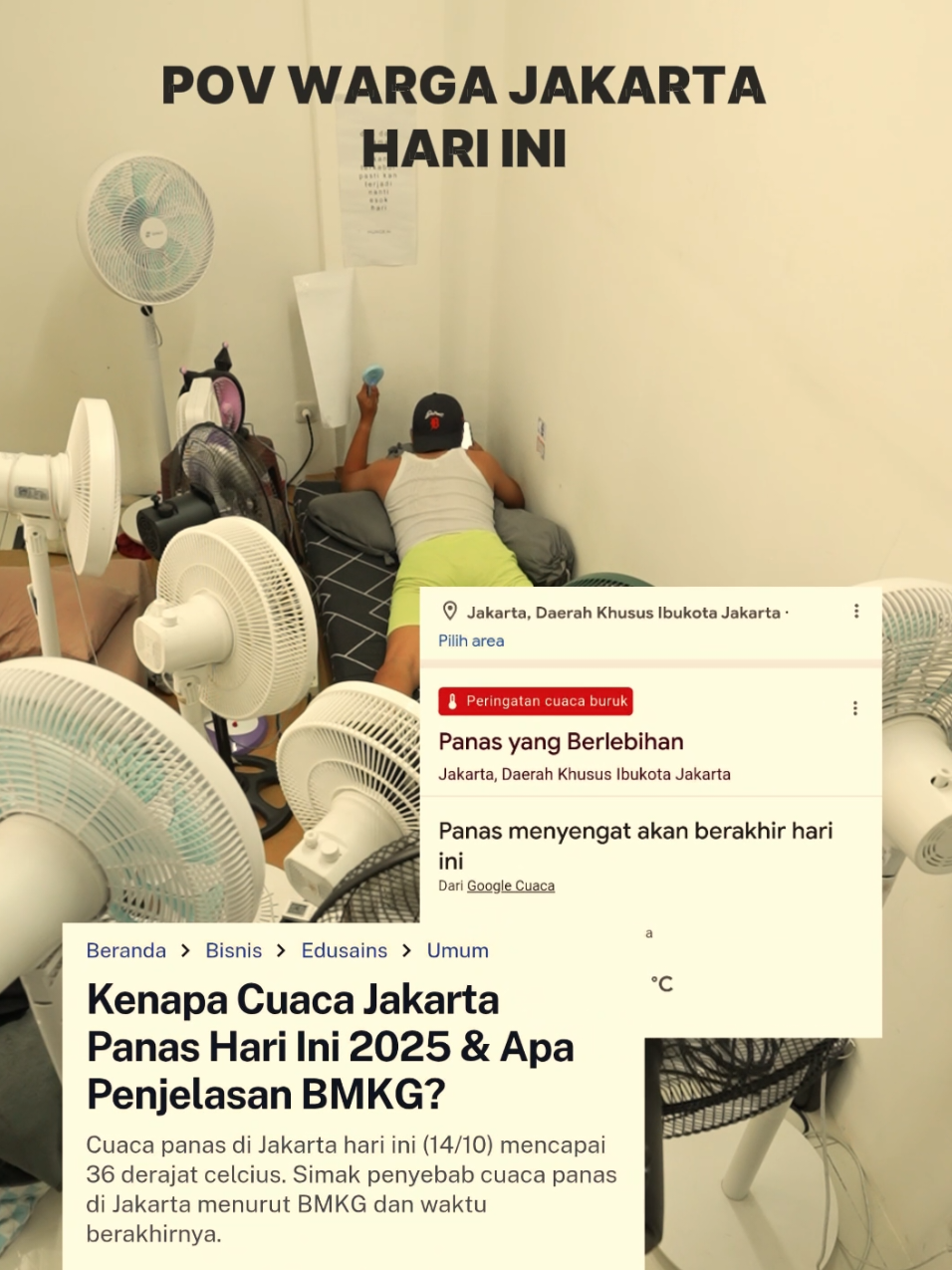 POV WARGA JAKARTA HARI INI Cuaca panas di Jakarta hari ini (14/10) mencapai 36 derajat celcius. Simak penyebab cuaca panas di Jakarta menurut BMKG dan waktu berakhirnya. sumber : https://tirto.id/kenapa-cuaca-jakarta-panas-hari-ini-2025-apa-penjelasan-bmkg-hjxY# google_vignette Kontributor: Sarah Rahma Agustin Terbit 14 Oct 2025 11:18 WIB, #bersamasanex #NggakKegerahan #berkualitasgakharusmahal #panasjakarta #cuacapanas 
