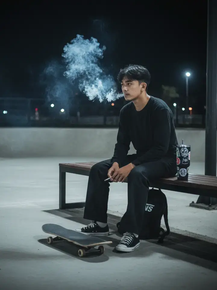 Buatkan foto tanpa merubah wajah dan gaya rambut aslinya. menampilkan suasana sepi di area skatepark. Pria di tengah-kanan foto, duduk menyamping di bangku kayu, menghadap ke kanan. la mengenakan kaos hitam polos lengan panjang. la memadukan atasannya dengan celana jeans panjang hitam yang terlihat longgar. la mengenakan kaus kaki putih dan sepatu converse 70s warna hitam dengan aksen putih. Wajahnya menoleh ke arah kamera dengan ekspresi melankolis. la memegang sebuah roko ditanganya dan ada gumpalan asap tebal berwarna putih-kebiruan yang mengepul naik ke udara. Pria duduk di bangku kayu sederhana yang panjang, berwarna cokelat tua. Di sebelah kanannya di atas bangku, terdapat tumblr hitam dengan full stiker. Di bawah bangku, tepat di kaki kirinya, tergeletak tas ransel berwarna hitam polos dengan logo 'VANS' berwarna putih besar di bagian tengah. Di lantai, di depan bangku, tergeletak sebuah skateboard. Latar belakang utama adalah area datar beton yang mulus yang mengarah ke struktur landai atau dinding melengkung (seperti quarter pipe atau mangkuk skatepark) yang sangat rendah, berwarna abu-abu muda. Lantai tempat ia duduk dan skateboard tergeletak adalah beton atau aspal berwarna abu-abu terang. Foto ini diambil dalam kondisi cahaya rendah. Sumber cahaya utama datang dari atas dan/atau dari luar bingkai di sebelah kiri, menciptakan bayangan panjang di bawah bangku dan skateboard. Lampu-lampu jauh terlihat sebagai titik-titik cahaya yang terang di latar belakang gelap. Di pojok kanan atas, menjulang tinggi tiang logam berwarna abu-abu gelap, kemungkinan tiang lampu jalan. Komposisi foto ini bersifat rule of thirds, dengan subjek ditempatkan di sisi kanan. Pencahayaan malam yang kontras dengan sweater biru terang dan asap putih menciptakan suasana yang moody, reflektif, dan sedikit misterius. Foto ini menangkap momen kesendirian dan relaksasi setelah sesi skating. Foto memiliki sedikit vignette atau kegelapan di sekeliling tepi, menambah kesan fokus pada pria. #fypage #geminiAl #promtgeminiai #gemini #trendai 