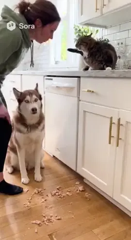 Cat and dog blaming eachother for the chicken mess (repost) #fyp #funny #dogsoftiktok #catsoftiktok #viral 