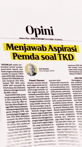 Keresahan sejumlah pemerintah daerah soal berkurangnya alokasi TKD di APBN 2026 perlu dilihat secara utuh. TKD 2026 bukan dipotong, tapi disesuaikan. Dari usulan awal Rp 649,9 triliun naik menjadi Rp 692,9 triliun setelah pembahasan dengan Banggar DPR. Ini bukti komitmen menjaga keseimbangan antara efisiensi anggaran dan dukungan bagi daerah. Oleh karena itu, yang dibutuhkan bukan saling menyalahkan, tapi dialog terbuka dan solusi bersama. 📍 Pemerintah pusat dan daerah perlu duduk satu meja sesuai UU HKPD. 📍 Pemerintah bisa memanfaatkan saldo anggaran lebih (SAL) untuk memperkuat TKD. 📍 Daerah juga perlu lebih kreatif menggandeng swasta dan mendorong inovasi pembiayaan. Karena pada akhirnya, TKD bukan sekadar angka di APBN, melainkan wujud komitmen bersama untuk menyejahterakan rakyat Indonesia. #SaidAbdullah#BanggarDPR